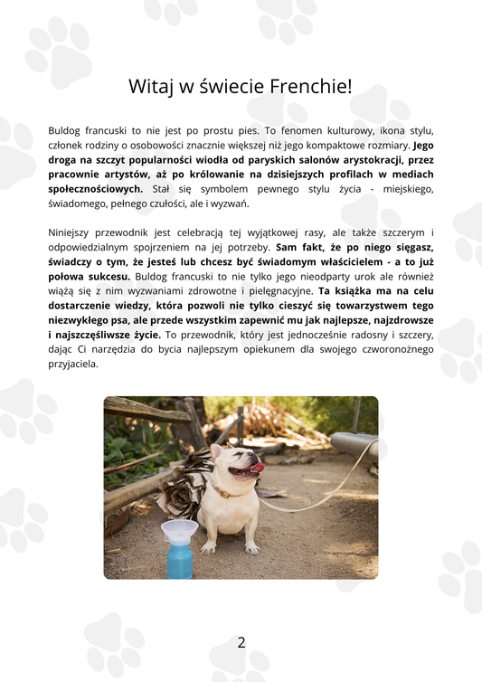 Pies na smyczy z tekstem o buldogach francuskich.